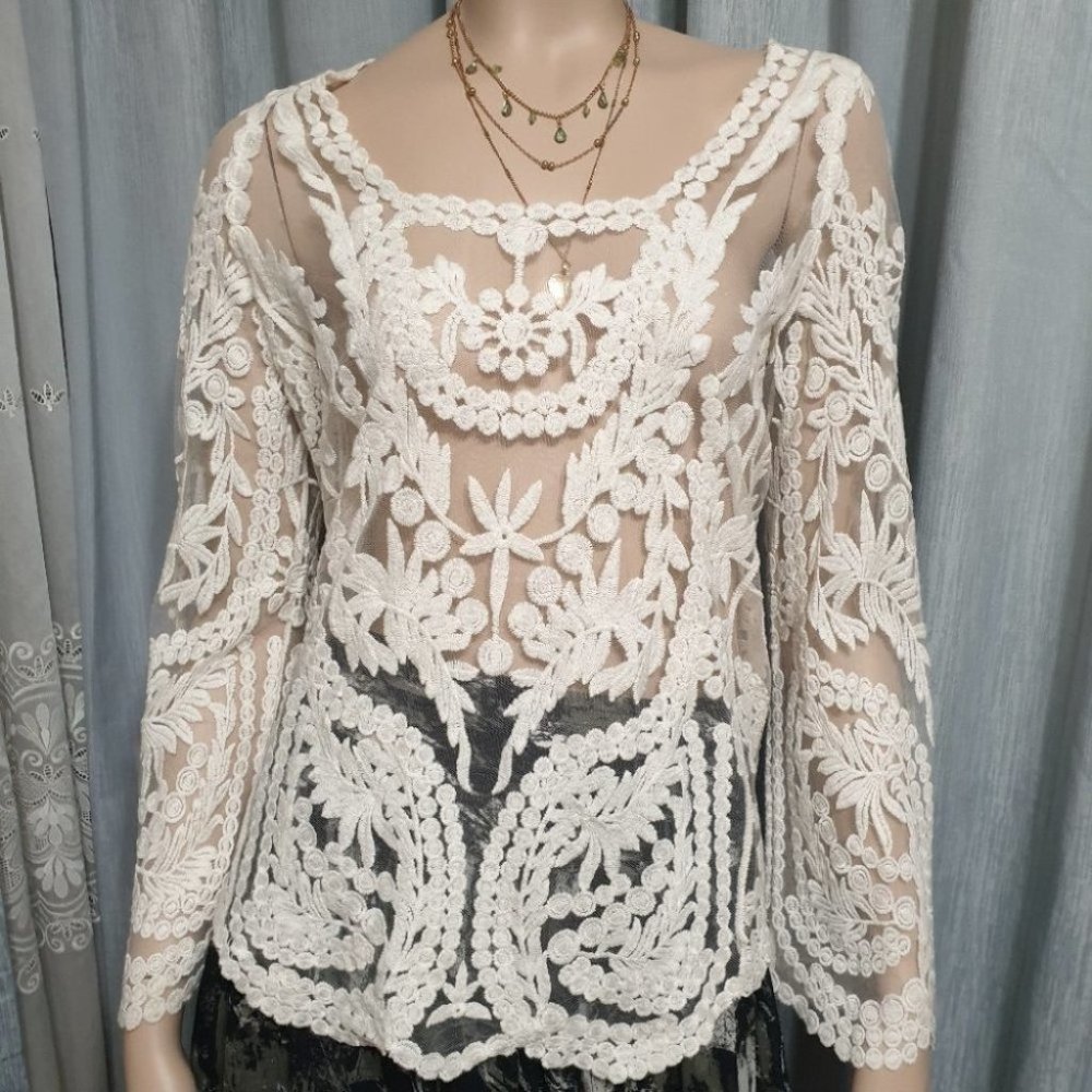 Origami by vivien AU-S White Lace Long-sleeve Blouse Top - Picture 1 of 8